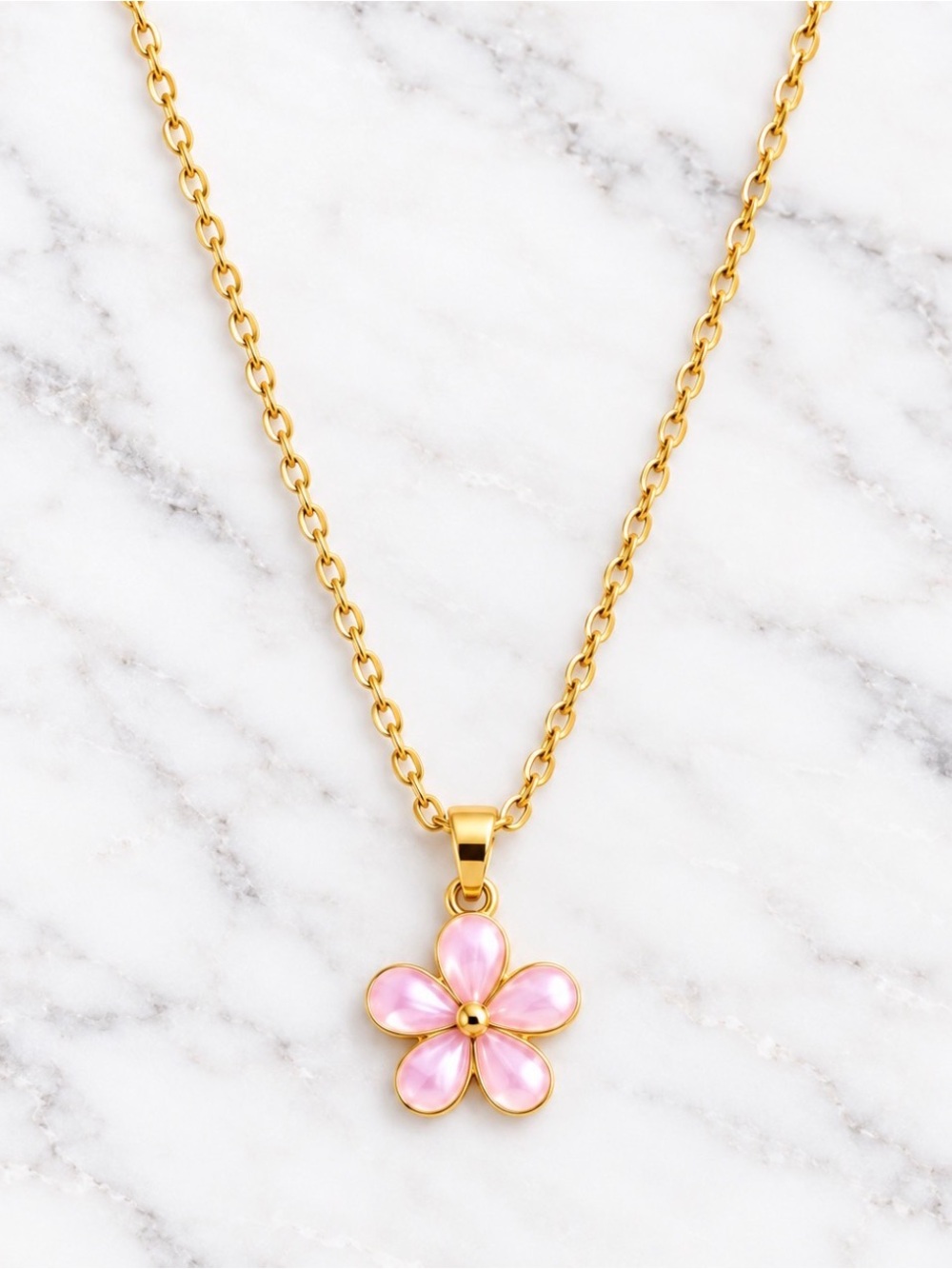 Pink Flower Enamel Pendant Necklace - Gold Tone Chaim-Women Jewelry